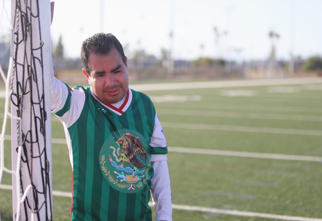 Blind soccer player Alvaro Mora Arellano poses in his jersey at Arizona Christian University in Glendale on Tuesday, July 18, 2023. Arellano is originally from Mexico, but says he proudly represents the USA in blind soccer.