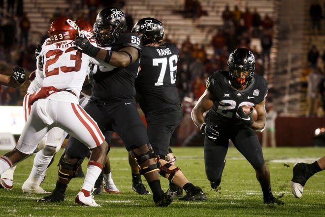 Iowa State running back Breece Hall carried the ball 28 times for 139 yards and two touchdowns in the Cyclones' upset of the No. 16 Oklahoma Sooners.