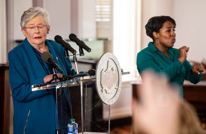 Gov. Kay Ivey answers questions during a press conference update on Covid-19 restrictions at the Alabama State Capitol in Montgomery, Ala., on Thursday, Nov. 5, 2020.