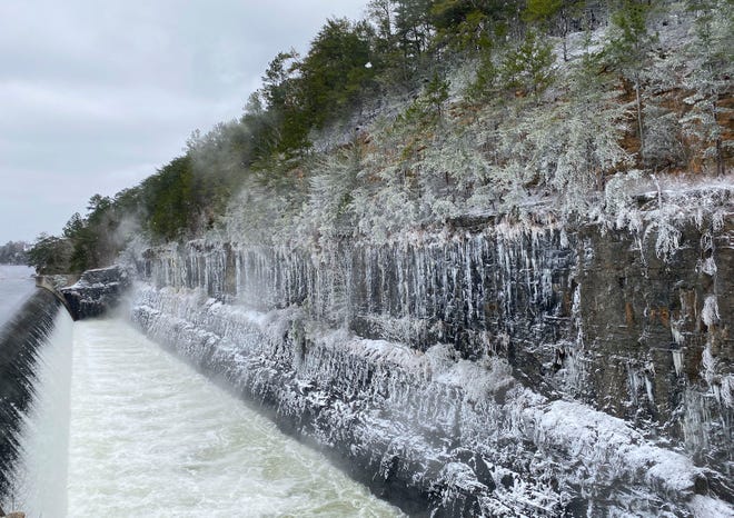 Ice and snow coat the cliffs above the Lake Tuscaloosa overflow Tuesday, Feb. 16, 2021. [Staff Photo/Gary Cosby Jr.]