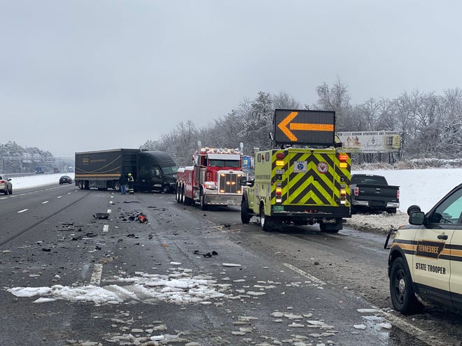 Crews work to clear a wreck involving a pickup truck and a tractor-trailer on Interstate 24 in Rutherford County near the Interstate 840 interchange on Thursday morning.